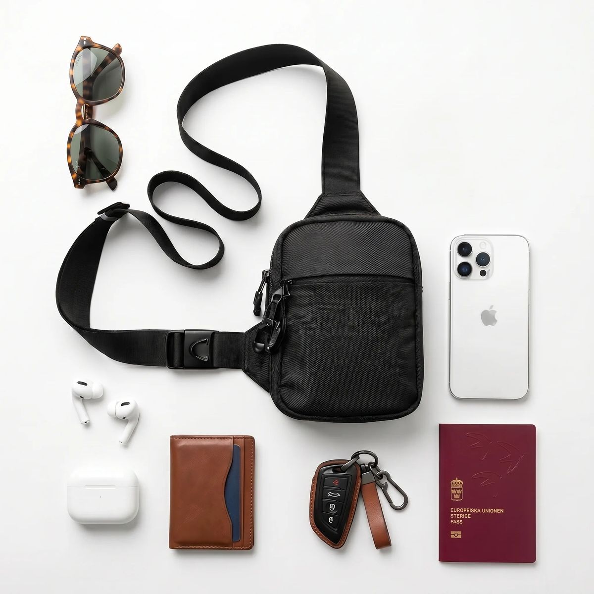 Bandolera Midnight junto a movil, cartera, llaves, pasaporte y auriculares